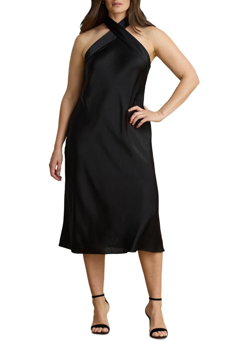 Satin Halter Neck Cocktail Dress, Main, color, BLACK