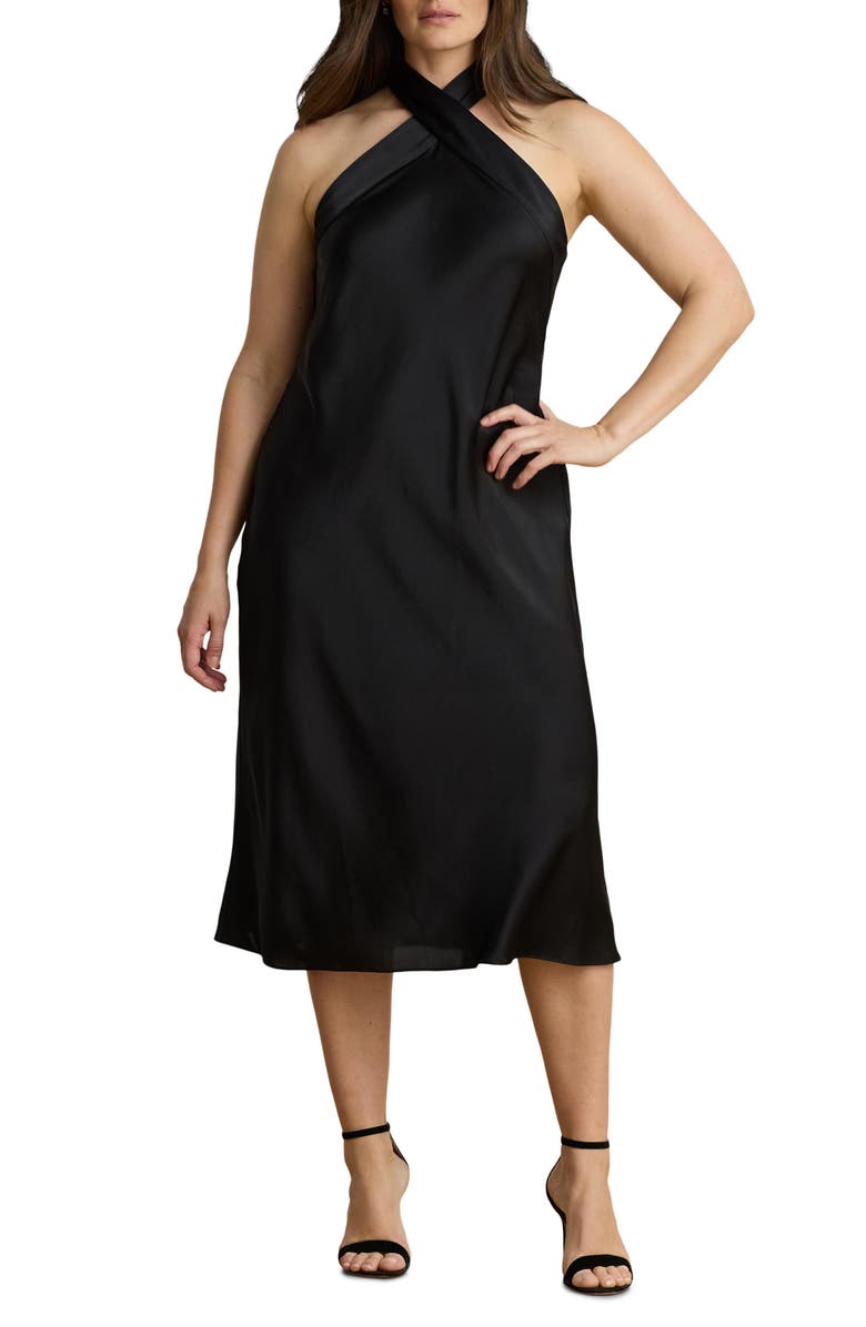Lauren Ralph Lauren Satin Halter Neck Cocktail Dress, Main, color, Black