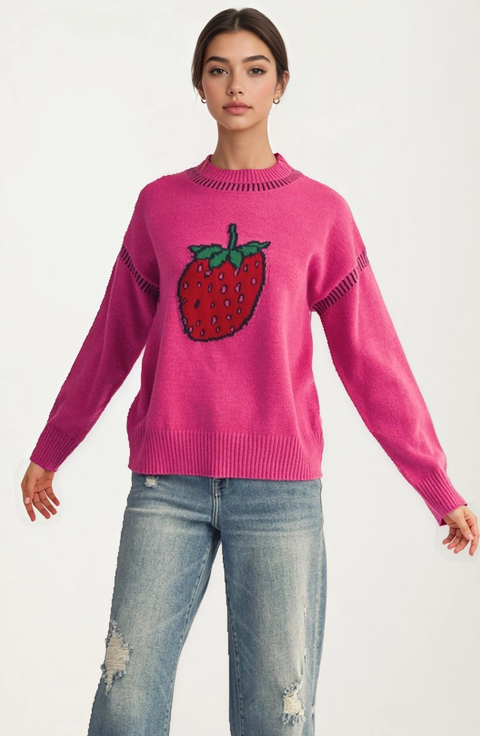 Playful Strawberry Knit Sweater with Ribbed Hem and Long Sleeves