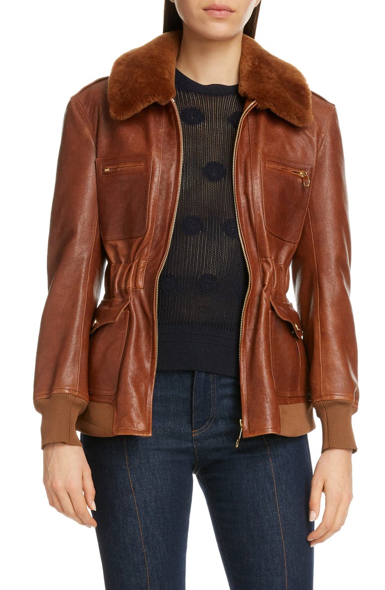 Chloé Lambskin Leather Jacket with Genuine Shearling Trim, Main, color,