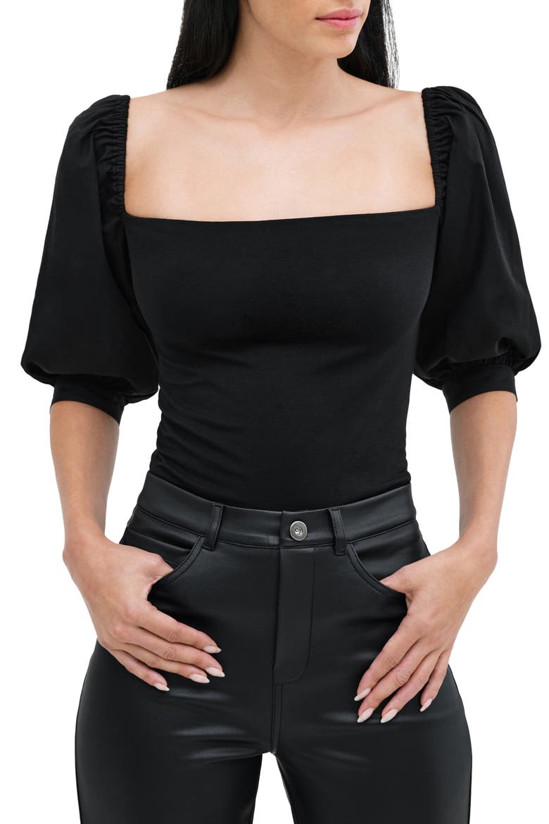 Alana Mixed Media Puff Sleeve Top, Main, color, BLACK