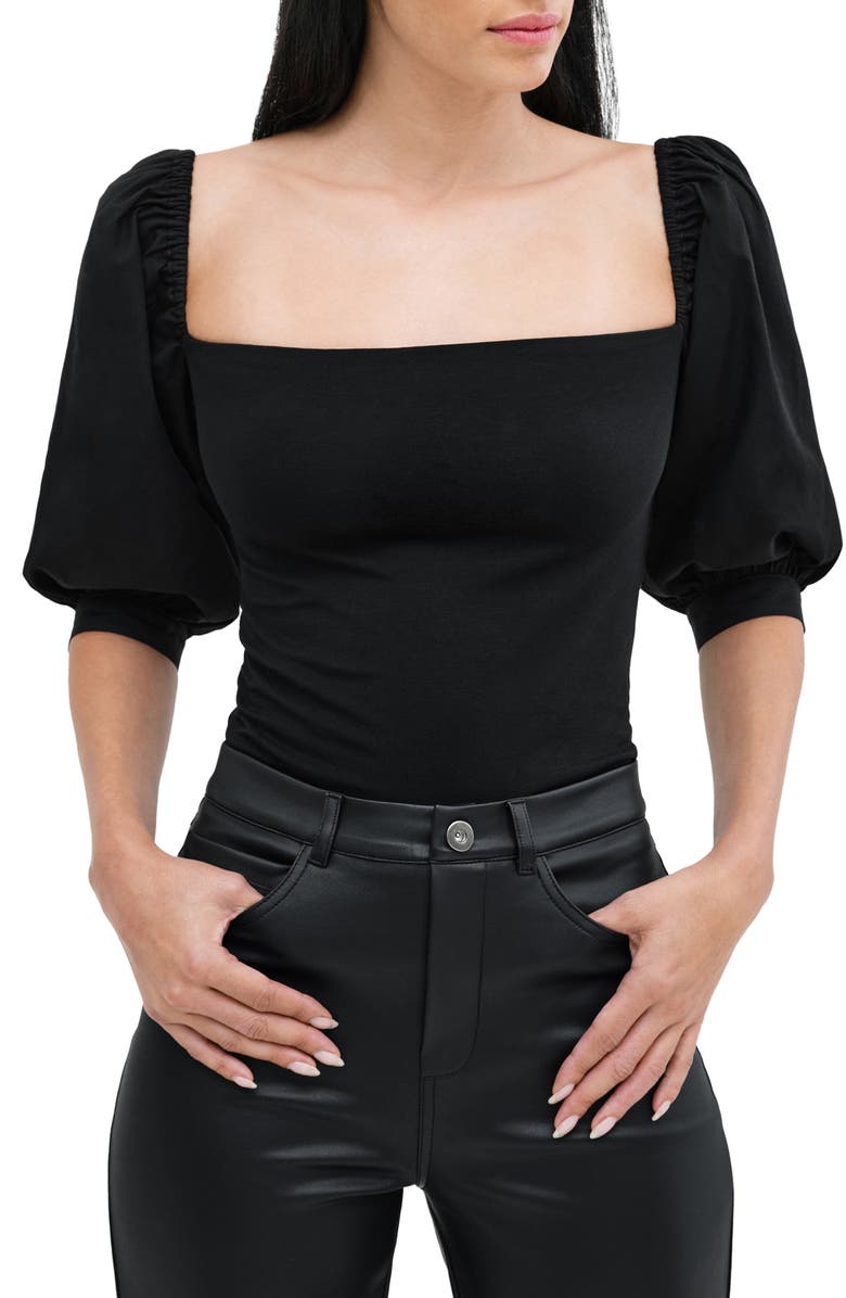 Marcella Alana Mixed Media Puff Sleeve Top, Main, color, Black