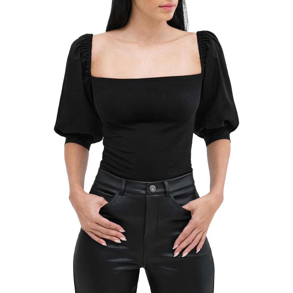 Marcella Alana Mixed Media Puff Sleeve Top in Black  product