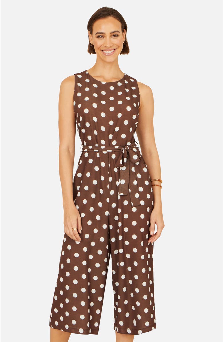 Yumi Polka Dot Culotte Jumpsuit, Main, color, Brown