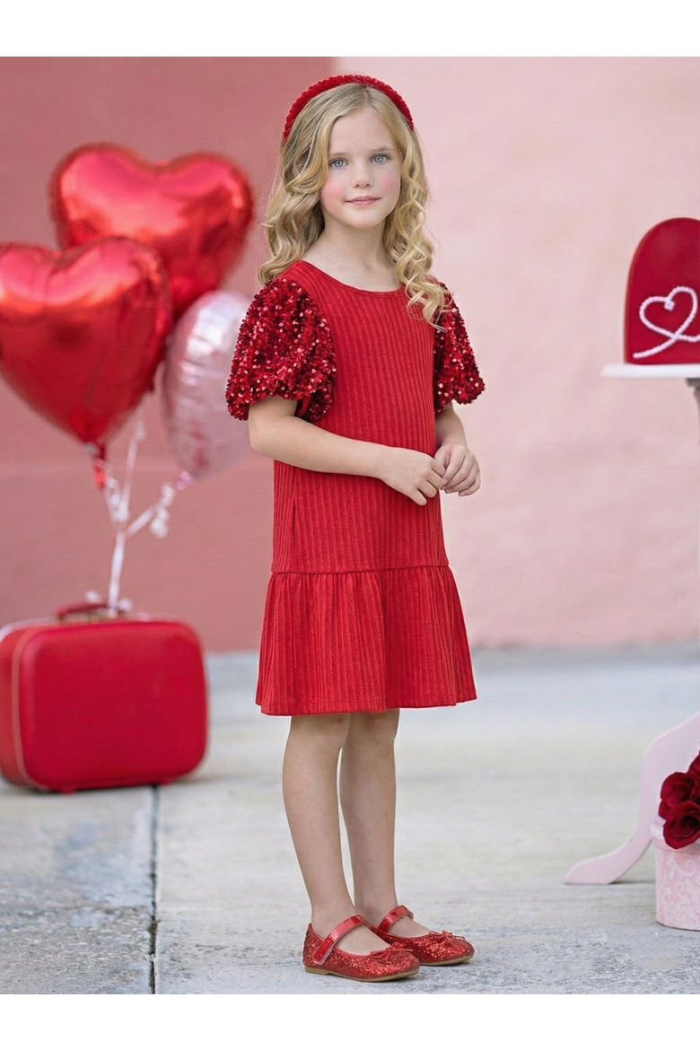 Sequin Puff Sleeve Cute Dress, Alternate, color, Red