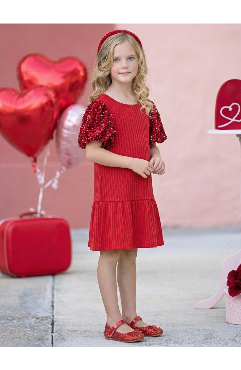 Mia Belle Girls Sequin Puff Sleeve Cute Dress, Alternate, color, Red