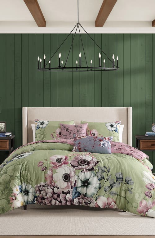 Bebejan Lilac Cascade On Olive Reversible 5-piece Comforter Set In Green