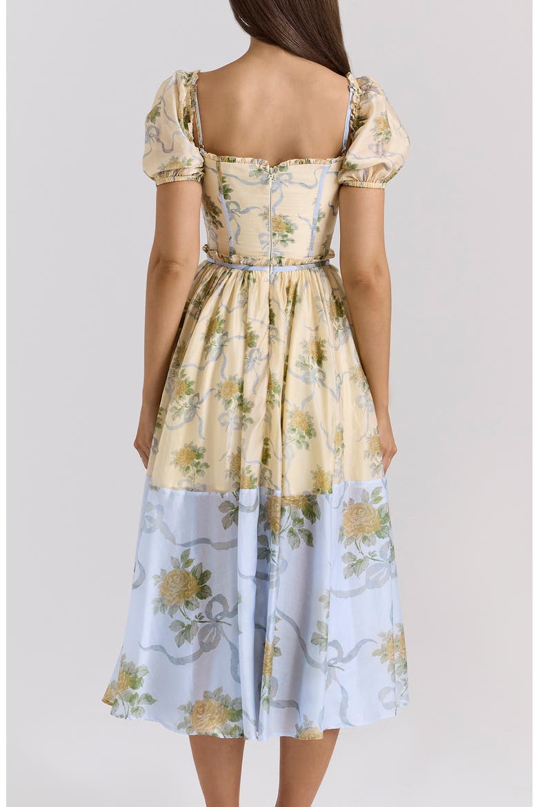 Penelope Floral Puff Sleeve Corset Chiffon Midi Dress, Alternate, color, YELLOW ROSE PRINT