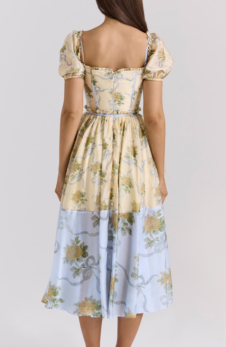 HOUSE OF CB Penelope Floral Puff Sleeve Corset Chiffon Midi Dress, Alternate, color, Yellow Rose Print