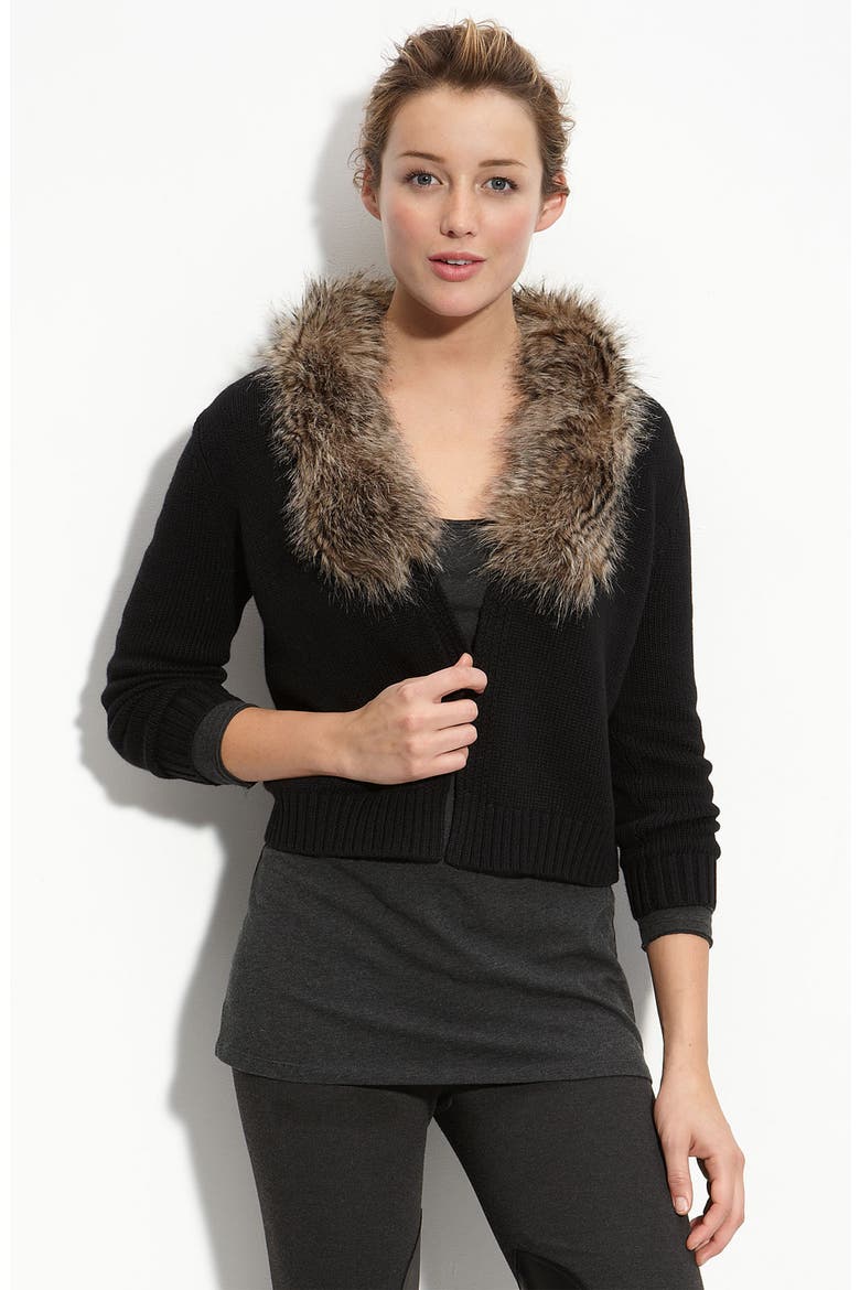 Faux Fur Trim Cardigan, Main, color, RICH BLACK
