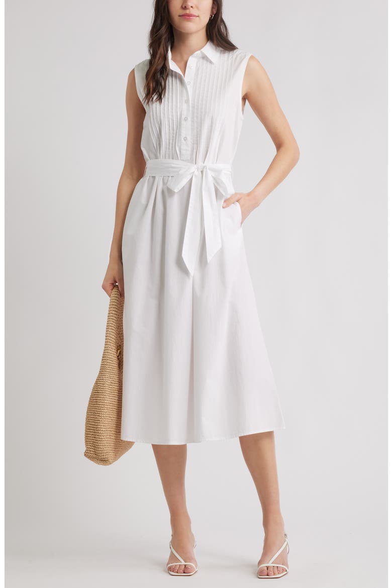 Pintuck Sleeveless Cotton Poplin Shirtdress, Alternate, color, WHITE