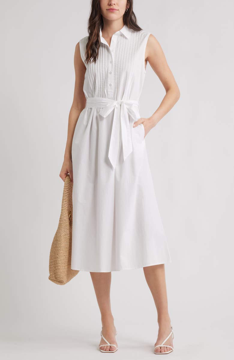 Caslon<sup>®</sup> Pintuck Sleeveless Cotton Poplin Shirtdress, Alternate, color, White
