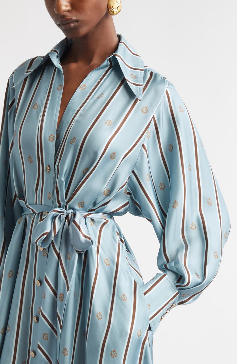 Zimmermann Emblem Tuck Long Sleeve Belted Midi Silk Shirtdress, Alternate, color, Blue Emblem