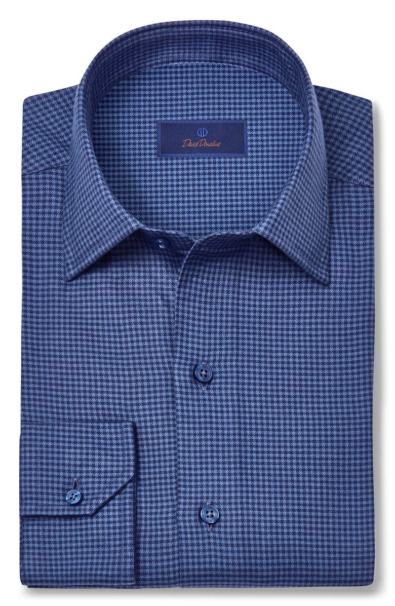 David Donahue Herringbone Micro Check Print Sport Shirt, Alternate, color, Navy