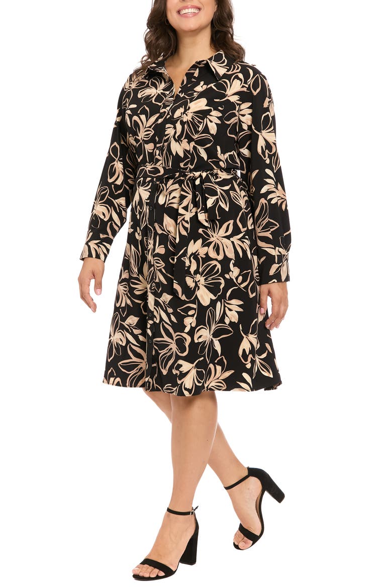 Floral Long Sleeve Shirtdress, Alternate, color, BLACK/ KHAKI