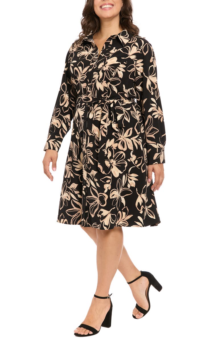 London Times Floral Long Sleeve Shirtdress, Alternate, color, Black/ Khaki