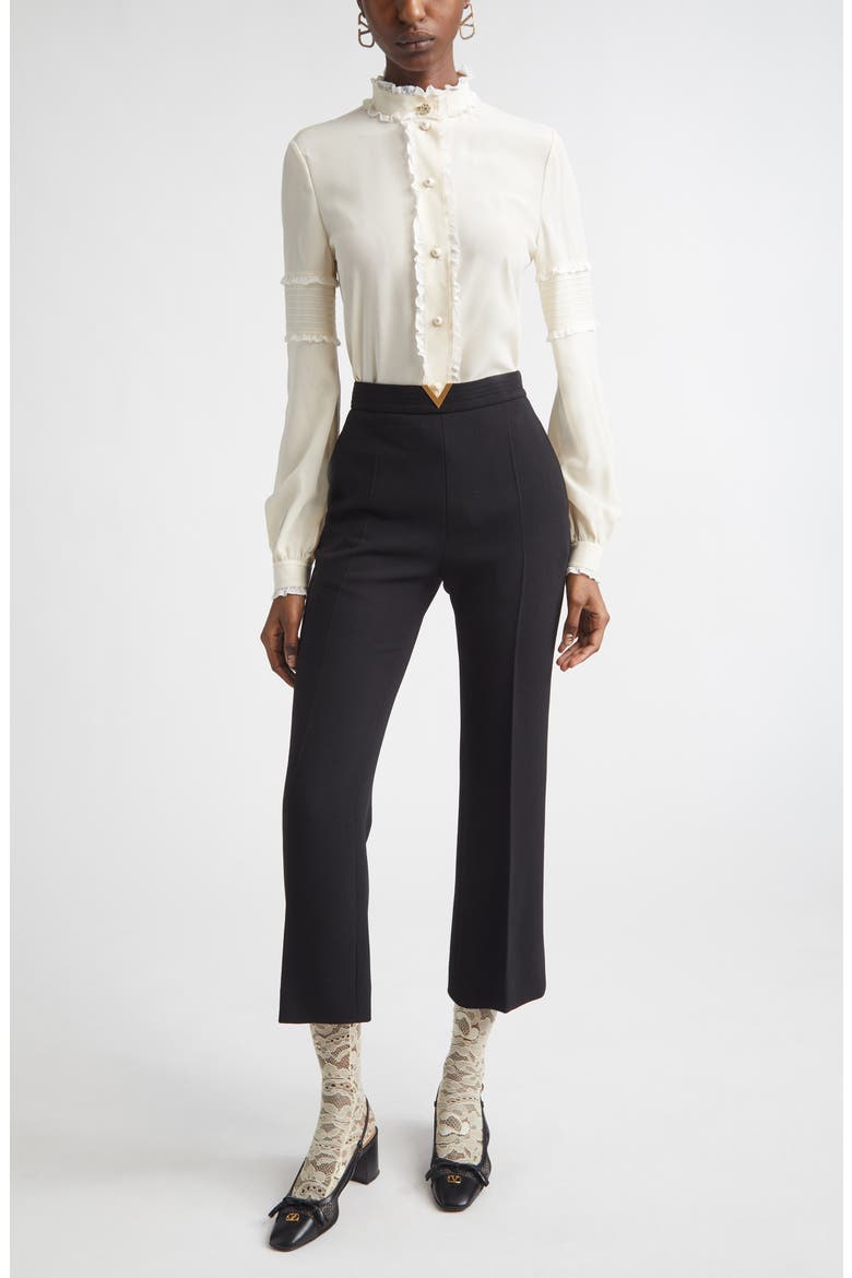 Lace Ruffle Silk Crêpe de Chine Button-Up Shirt, Alternate, color, VANILLA