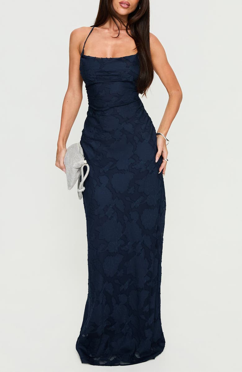 Princess Polly Celena Floral Burnout Gown, Main, color, Navy Burnout