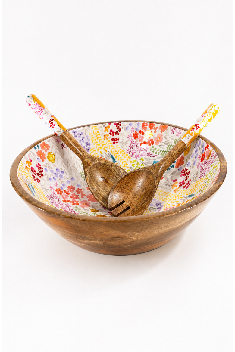 Large Floral Gold Foil Bowl and Salad Servers Set, Main, color, Multi and Brown