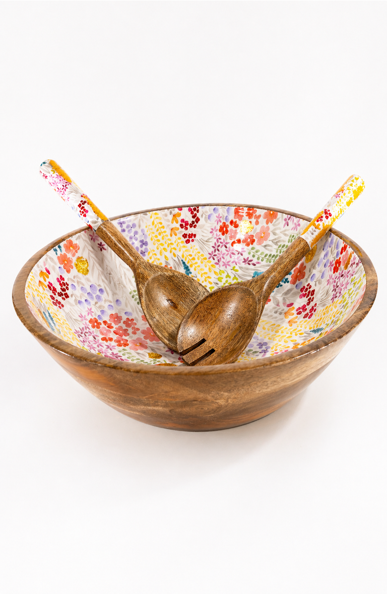 Jeanne Fitz Large Floral Gold Foil Bowl and Salad Servers Set, Main, color, Multi And Brown