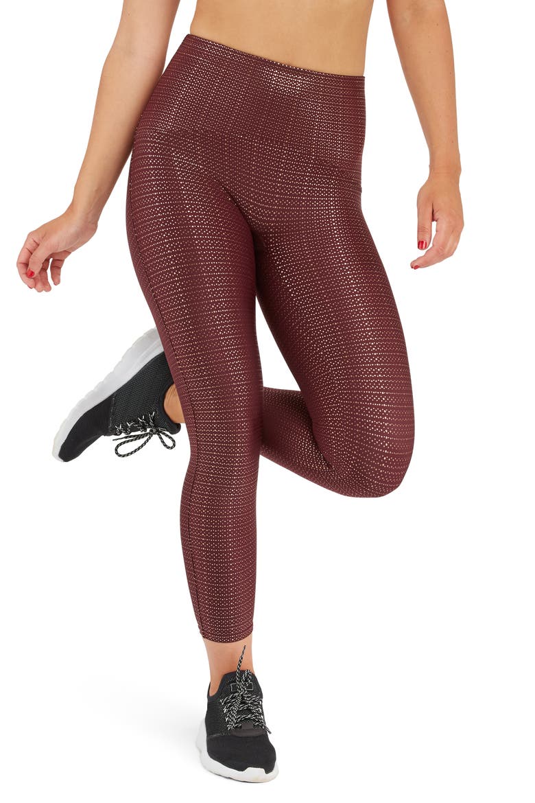 Metallic Dot Print Active 7/8 Leggings, Main, color, WINE/ ROSE GOLD