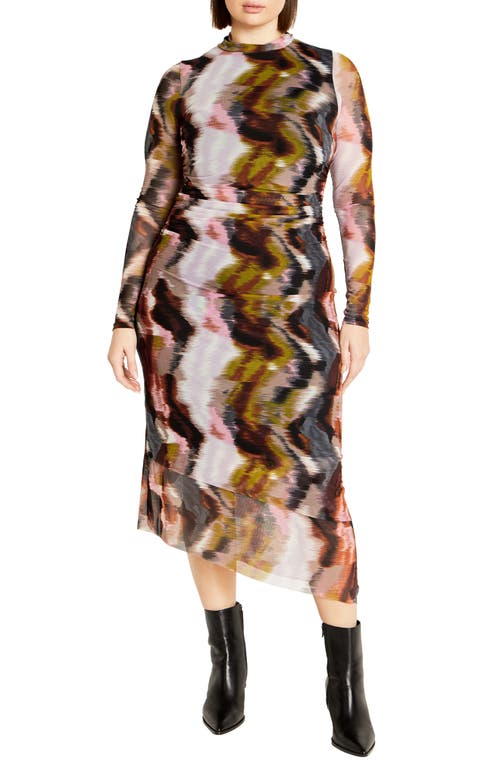 City Chic Zariyah Print Long Sleeve Body-con Midi Dress In Multi