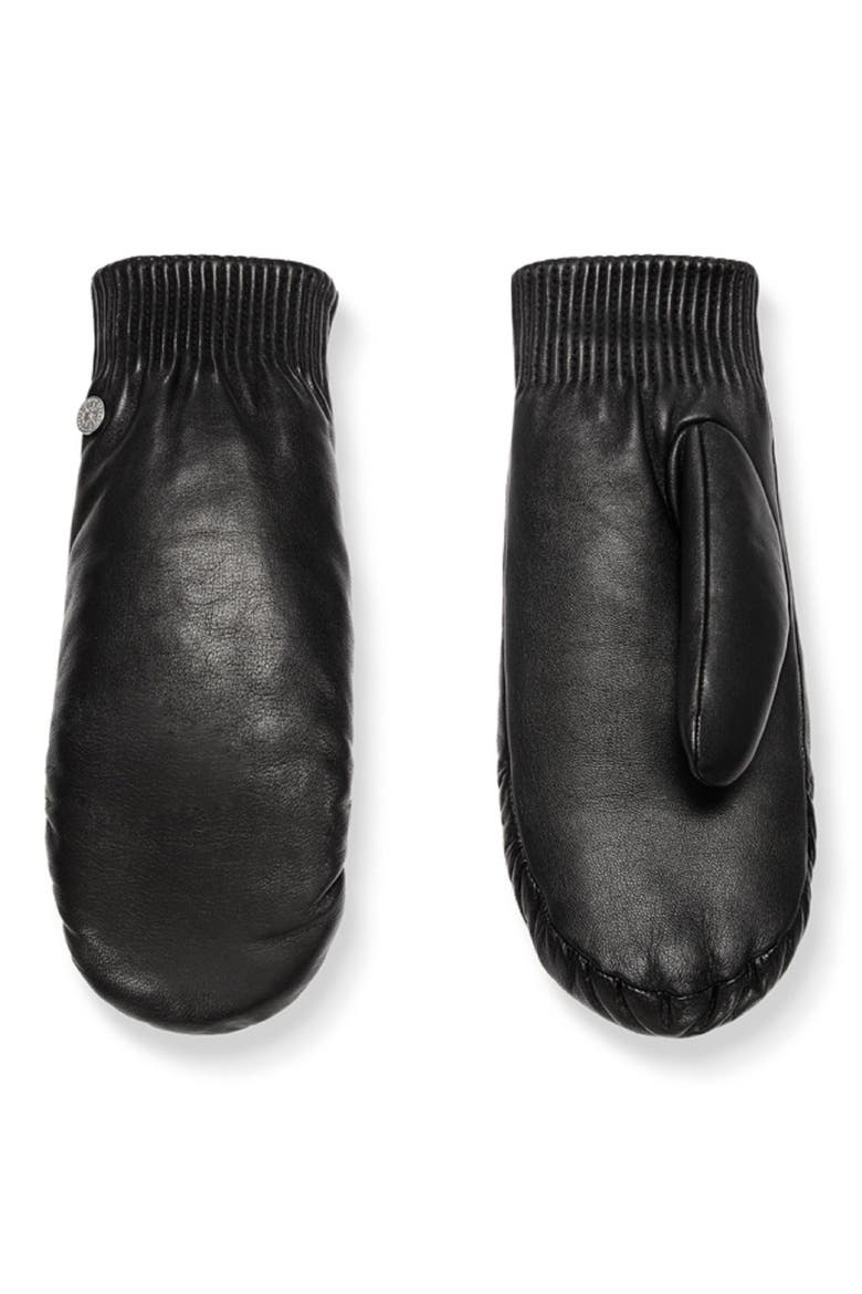Rib Cuff Leather Mittens, Main, color, BLACK