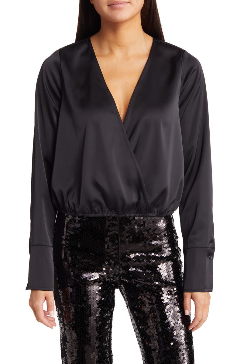 Good American Long Sleeve Stretch Satin Faux Wrap Top, Main, color,