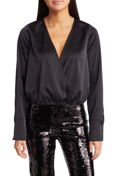 Long Sleeve Stretch Satin Faux Wrap Top