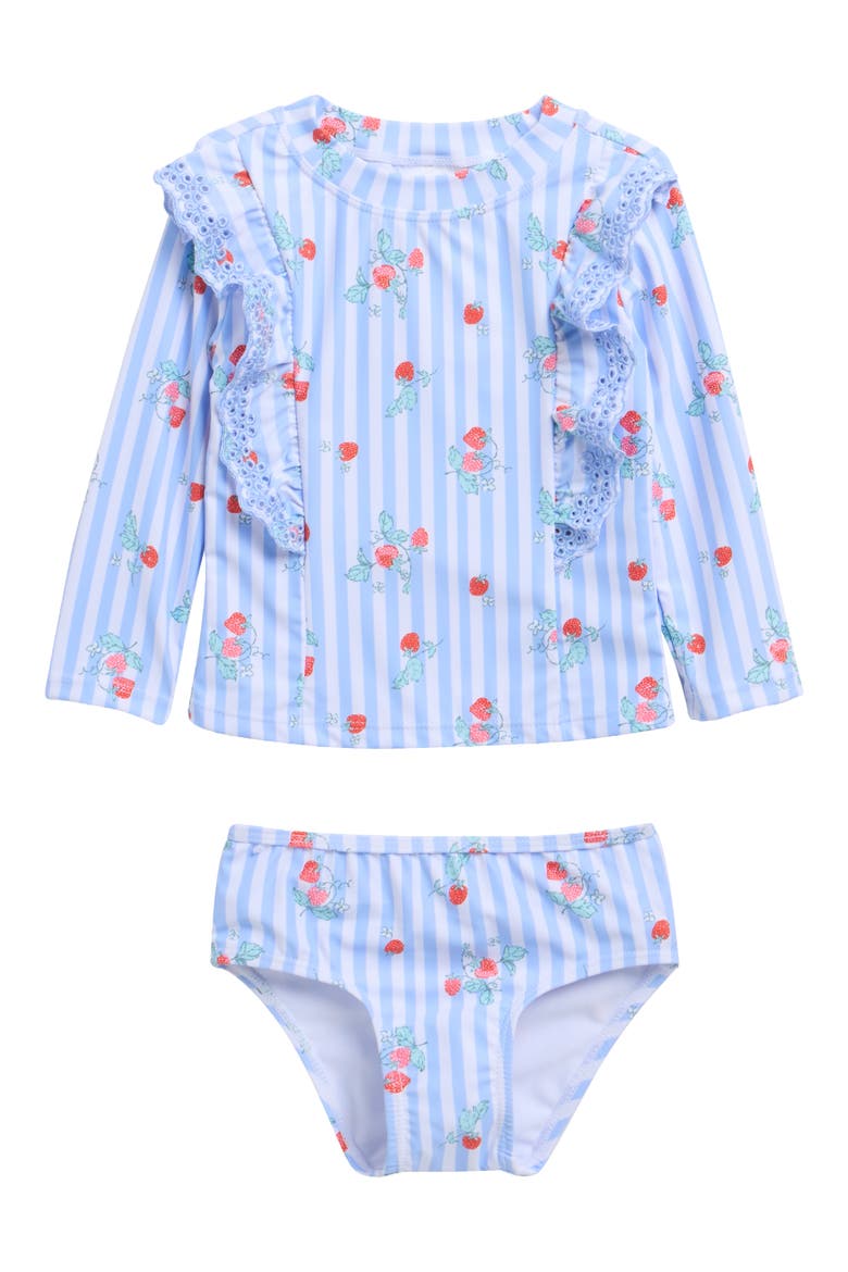 Cherry Stripe Rashguard Top & Bikini Bottoms Set, Main, color, SKY BLUE