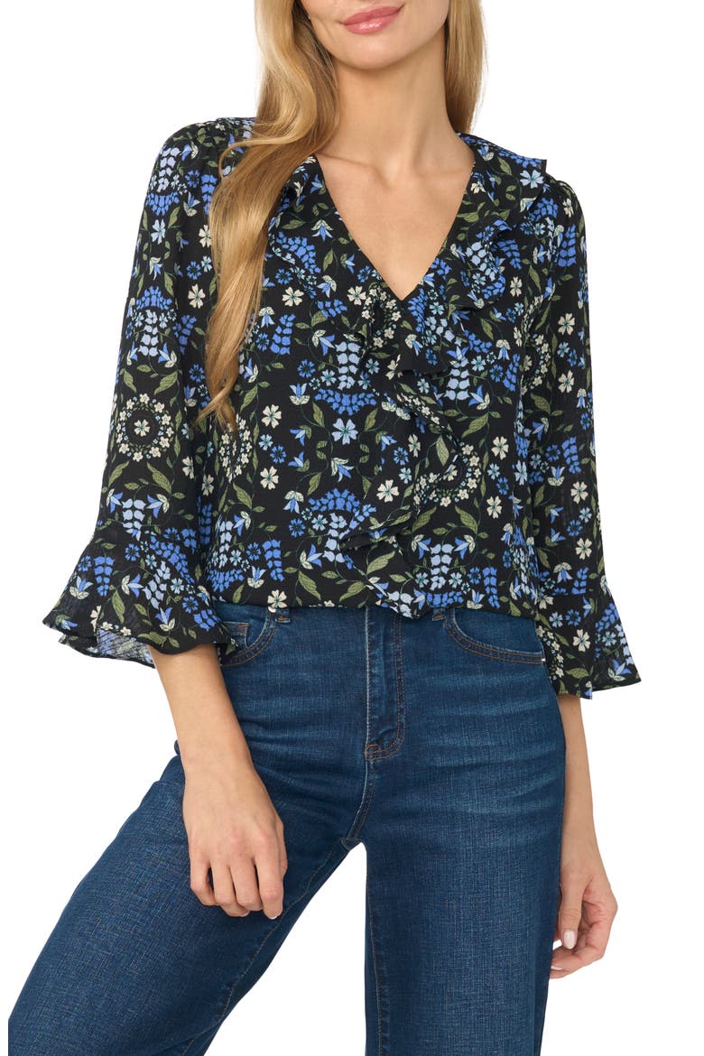 Ruffled V-Neck Crepe Top, Main, color, RICH BLACK