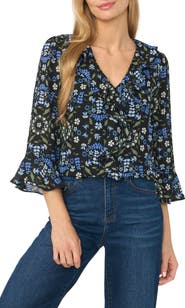 CeCe Ruffled V-Neck Crepe Top