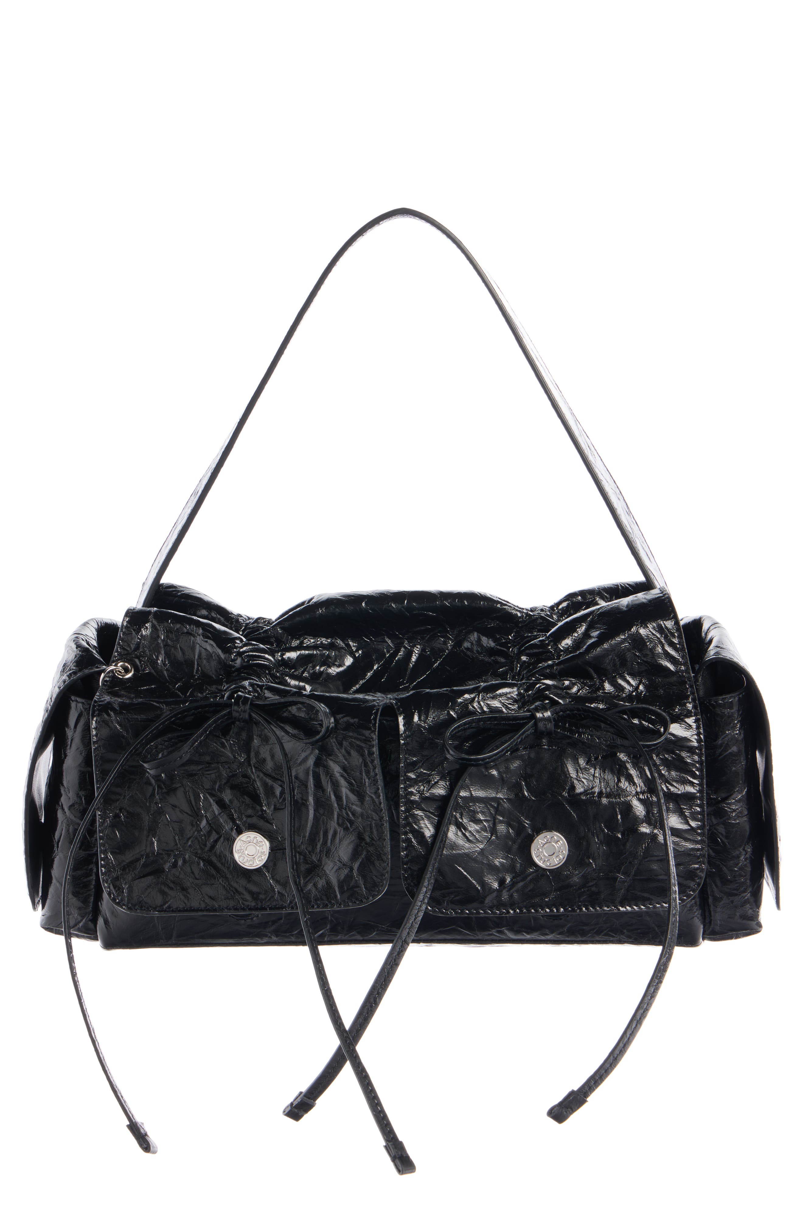 Acne Studios Multipocket Crinkled Leather Handbag, Main, color, Black