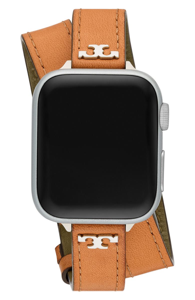 Tory Burch The T Double Wrap Leather Apple Watch<sup>®</sup> Watchband, Alternate, color,