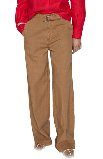 Mango Belted Canvas Wide Leg Pants In Brown