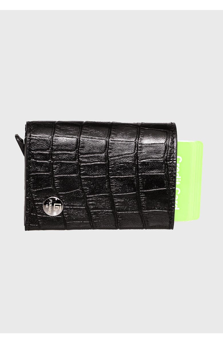 Furniq UK Genuine Leather Crocodile Pattern Trifold Card Holder, Main, color, Black Crocodile Pattern