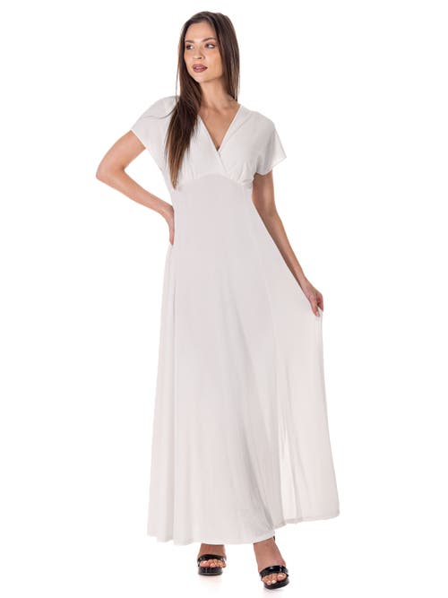 24seven Comfort Apparel Womens Flutter Sleeve Metallic Knit Maxi Dress Front Slit Empire Waist In White