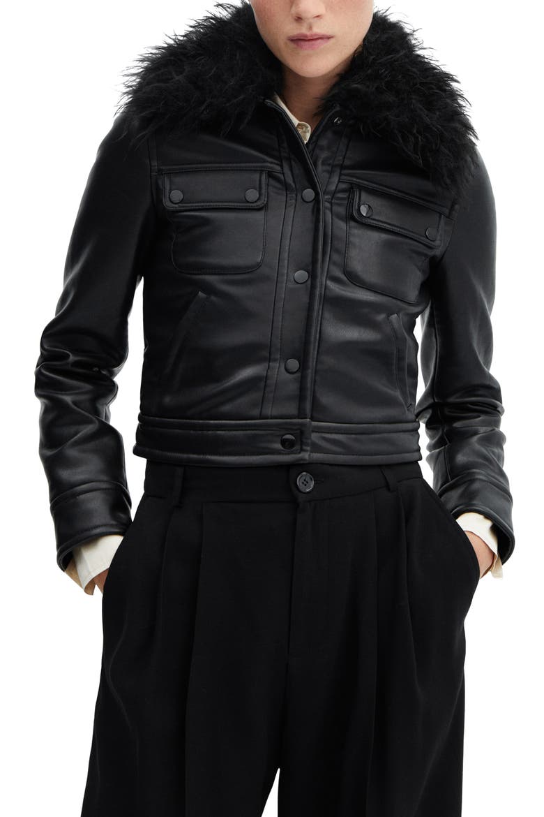 Faux Leather Jacket with Removable Faux Fur Collar, Main, color, BLACK