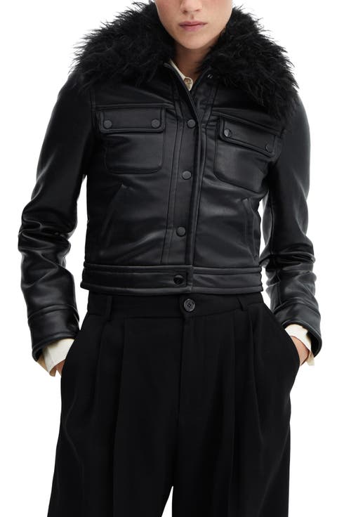 Faux Leather Jacket with Removable Faux Fur Collar