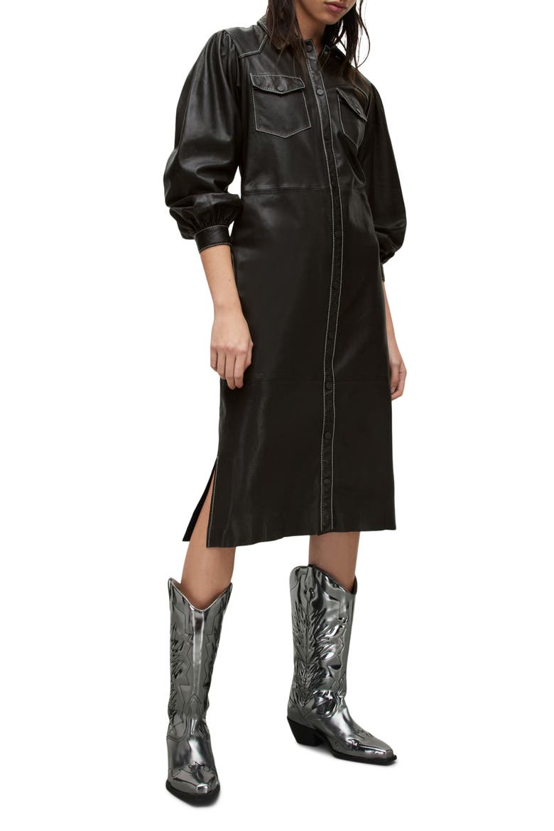 Ava Long Sleeve Leather Shirtdress, Alternate, color, BLACK