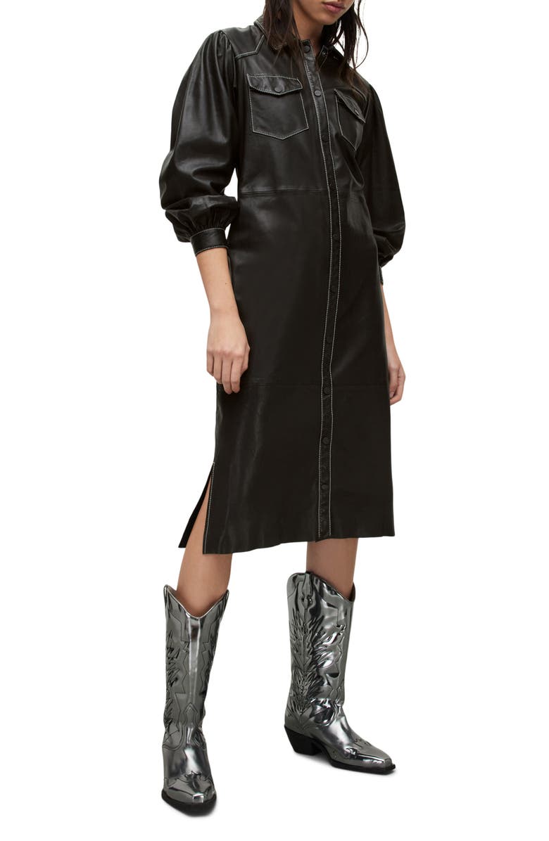 AllSaints Ava Long Sleeve Leather Shirtdress, Alternate, color,