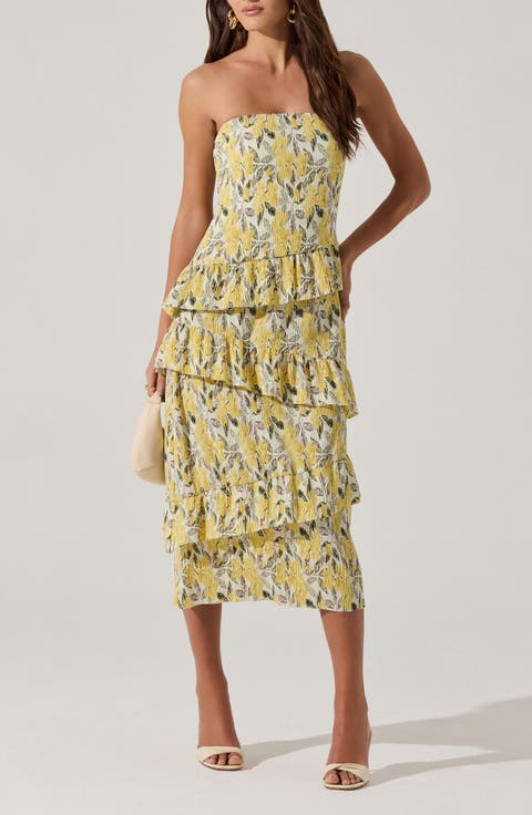 Plissé Asymmetric Tiered Ruffle Strapless Midi Dress