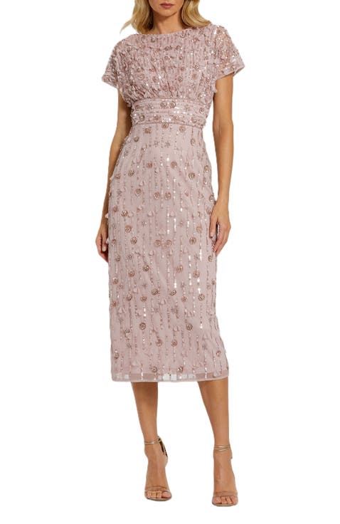 Petite Cap Sleeve Sheath Midi Dress With Floral Beading