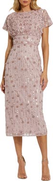 Mac Duggal Petite Cap Sleeve Sheath Midi Dress With Floral Beading