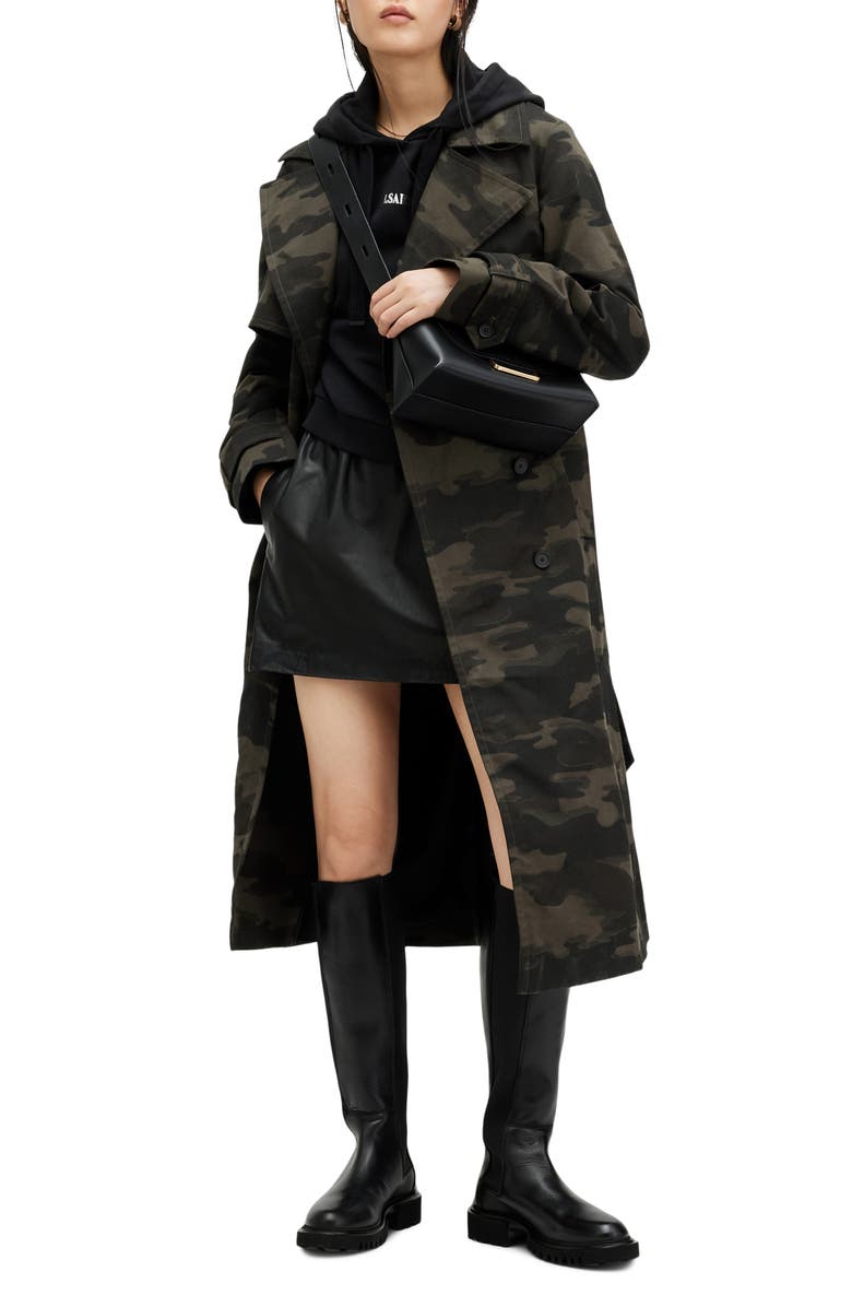AllSaints Mixie Tie Waist Double Breasted Camo Trench Coat, Alternate, color,