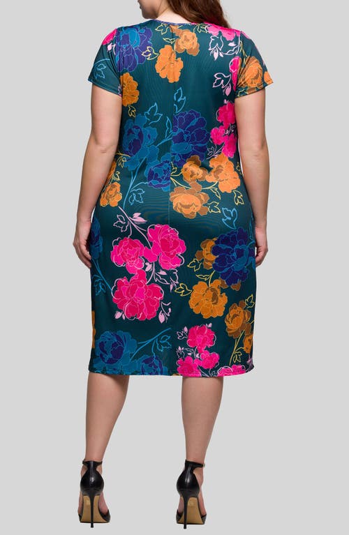 24seven Comfort Apparel Plus Size Knee Length Short Sleeve Faux Wrap Dress In Green Multi