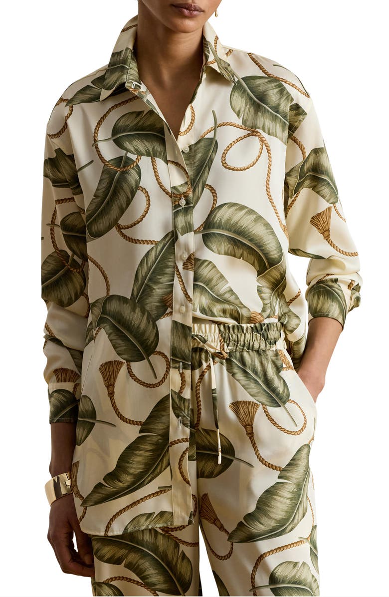 Lauren Ralph Lauren Mixed Print Luxe Twill Button-Up Shirt, Main, color, Cream/ Multi