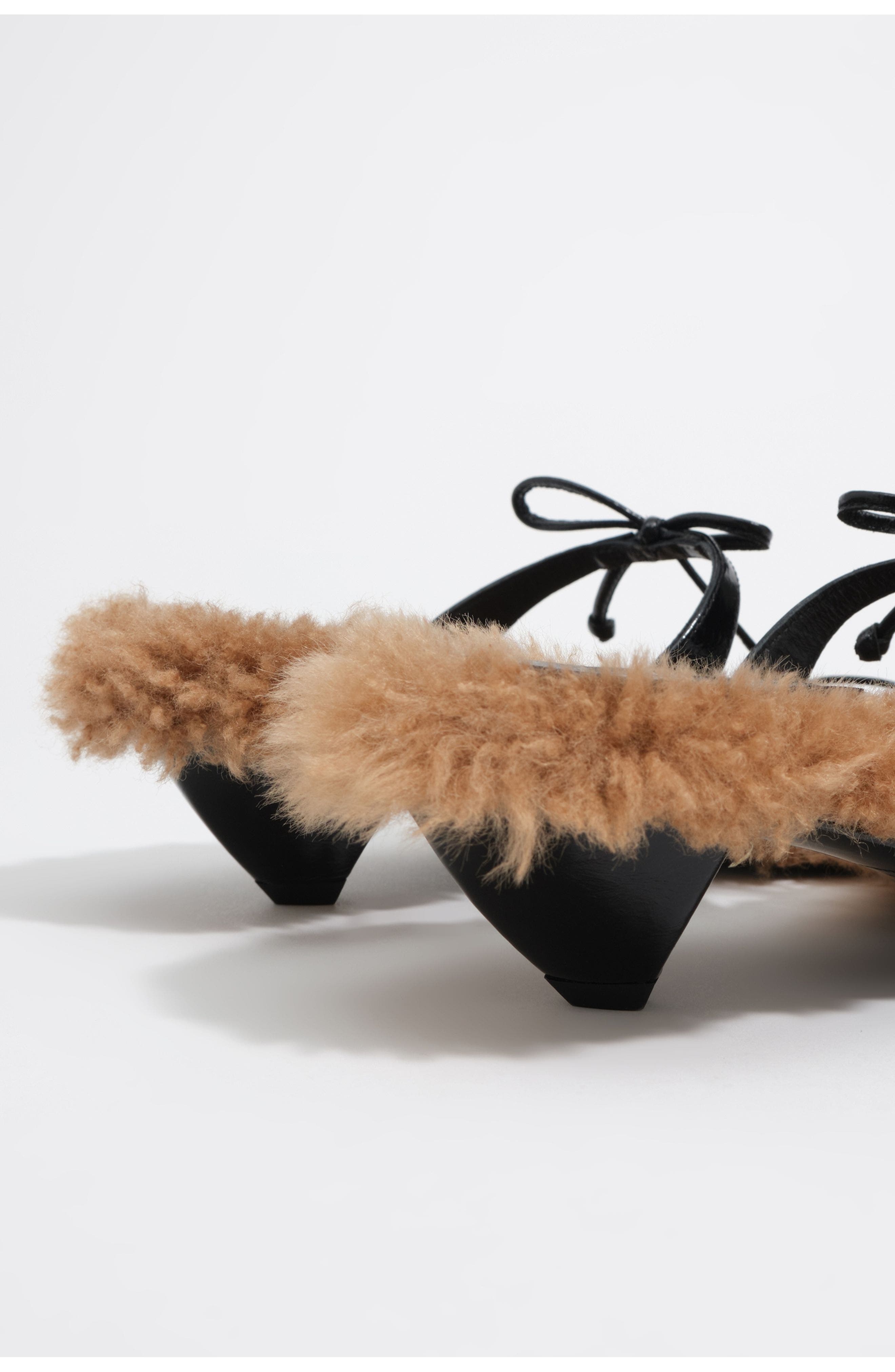 Leather Fur Heeled Sandal with Bows, Alternate, color, BLACK