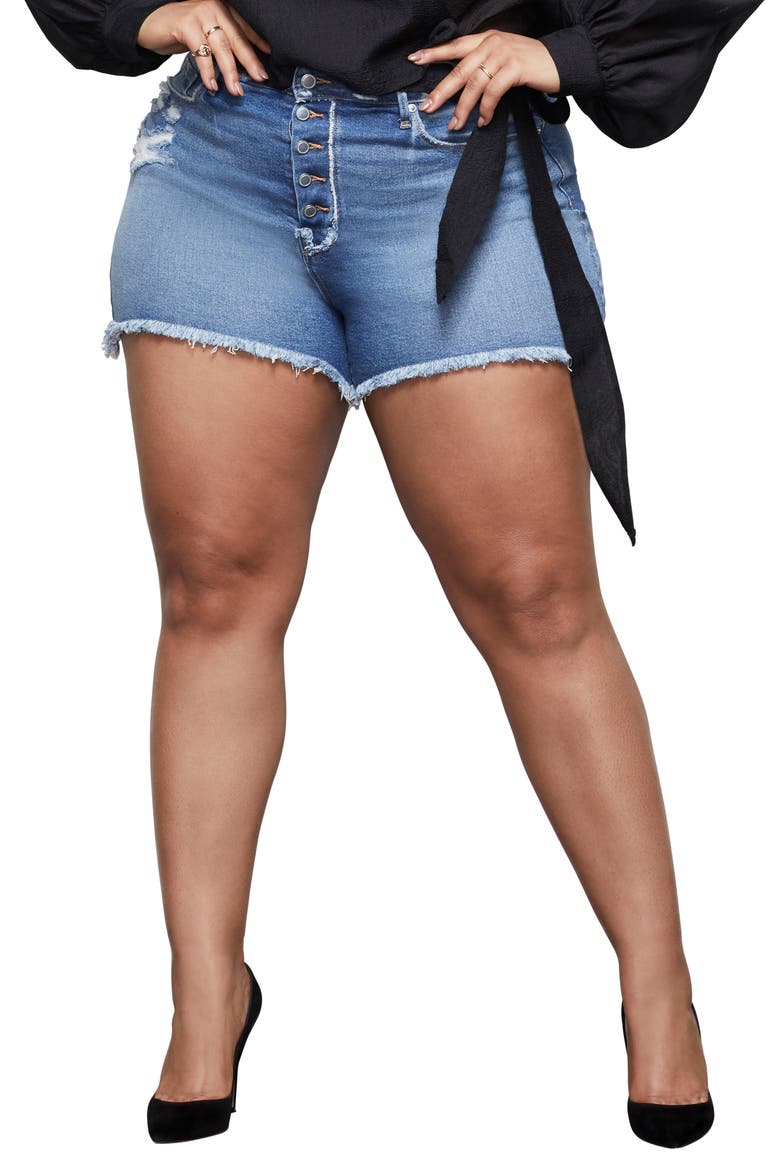 The Bombshell High Waist Exposed Button Cutoff Denim Shorts, Alternate, color, BLUE414