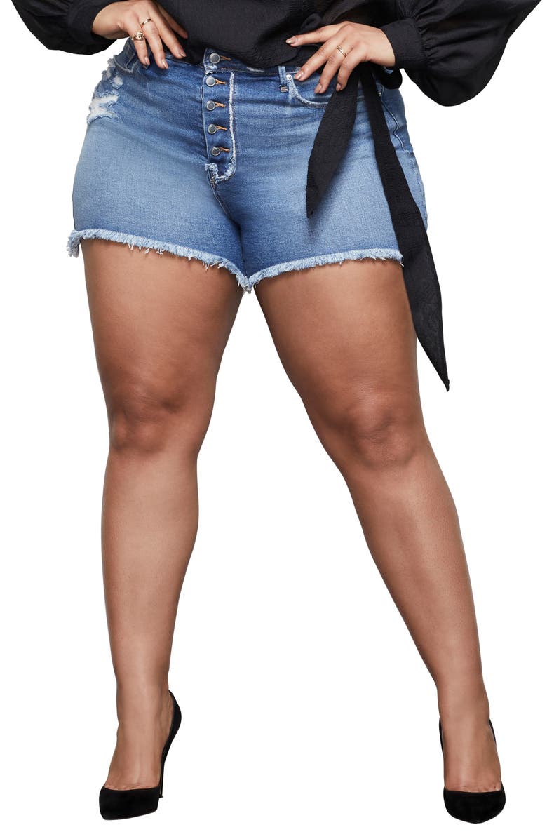 Good American The Bombshell High Waist Exposed Button Cutoff Denim Shorts, Alternate, color, 